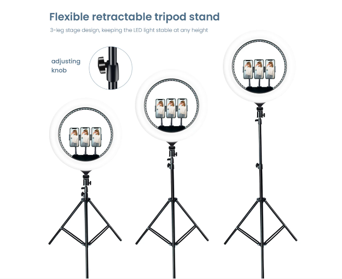 19" Ring Light with 210cm Tripod stand, 3 phone holder chips and bag